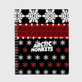Тетрадь с принтом Праздничный Arctic Monkeys в Тюмени, 100% бумага | 48 листов, плотность листов — 60 г/м2, плотность картонной обложки — 250 г/м2. Листы скреплены сбоку удобной пружинной спиралью. Уголки страниц и обложки скругленные. Цвет линий — светло-серый
 | Тематика изображения на принте: алекс тёрнер | арктик | арктические мартышки | гаражный | группа | джейми кук | знак | инди рок | красный | м | манкис | музыка | надпись | ник о мэлли | новогодний | новый год | обезьяна