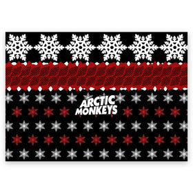 Поздравительная открытка с принтом Праздничный Arctic Monkeys в Тюмени, 100% бумага | плотность бумаги 280 г/м2, матовая, на обратной стороне линовка и место для марки
 | Тематика изображения на принте: алекс тёрнер | арктик | арктические мартышки | гаражный | группа | джейми кук | знак | инди рок | красный | м | манкис | музыка | надпись | ник о мэлли | новогодний | новый год | обезьяна
