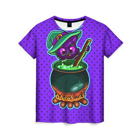 Женская футболка 3D с принтом Кошка-ведьмочка в Тюмени, 100% полиэфир ( синтетическое хлопкоподобное полотно) | прямой крой, круглый вырез горловины, длина до линии бедер | halloween | helloween | ведунья | ведьма | зелье | кот | котел | котик | кошка | магия | хеллоуин | хэллоуин