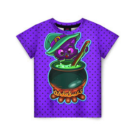 Детская футболка 3D с принтом Кошка-ведьмочка в Тюмени, 100% гипоаллергенный полиэфир | прямой крой, круглый вырез горловины, длина до линии бедер, чуть спущенное плечо, ткань немного тянется | halloween | helloween | ведунья | ведьма | зелье | кот | котел | котик | кошка | магия | хеллоуин | хэллоуин