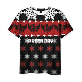 Мужская футболка 3D с принтом Праздничный Green Day в Тюмени, 100% полиэфир | прямой крой, круглый вырез горловины, длина до линии бедер | american idiot | green day | альтернативный | билли джо армстронг | грин дей | группа | зелёный день | знак | красный | майк дёрнт | музыка | надпись | новогодний | новый год | панк | поп | поппанк | праздник