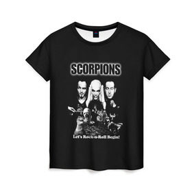 Женская футболка 3D с принтом Группа Scorpions в Тюмени, 100% полиэфир ( синтетическое хлопкоподобное полотно) | прямой крой, круглый вырез горловины, длина до линии бедер | scorpions | группа | скорпионс | хард | хардрок