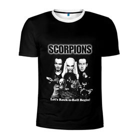 Мужская футболка 3D спортивная с принтом Группа Scorpions в Тюмени, 100% полиэстер с улучшенными характеристиками | приталенный силуэт, круглая горловина, широкие плечи, сужается к линии бедра | Тематика изображения на принте: scorpions | группа | скорпионс | хард | хардрок