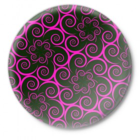 Значок с принтом Розовые цветы в Тюмени,  металл | круглая форма, металлическая застежка в виде булавки | Тематика изображения на принте: pink | кружева | лепестки | розовый | спираль | узор | фрактал | цветки | цветок | цветы