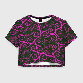 Женская футболка 3D укороченная с принтом Розовые цветы в Тюмени, 100% полиэстер | круглая горловина, длина футболки до линии талии, рукава с отворотами | pink | кружева | лепестки | розовый | спираль | узор | фрактал | цветки | цветок | цветы
