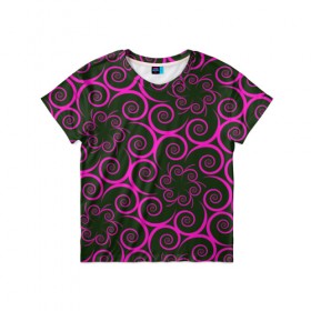 Детская футболка 3D с принтом Розовые цветы в Тюмени, 100% гипоаллергенный полиэфир | прямой крой, круглый вырез горловины, длина до линии бедер, чуть спущенное плечо, ткань немного тянется | pink | кружева | лепестки | розовый | спираль | узор | фрактал | цветки | цветок | цветы