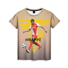 Женская футболка 3D с принтом Kylian Mbappe в Тюмени, 100% полиэфир ( синтетическое хлопкоподобное полотно) | прямой крой, круглый вырез горловины, длина до линии бедер | kylian mbappe | monaco | килиан мбаппе | монако | футболист