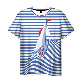 Мужская футболка 3D с принтом Яхта в Тюмени, 100% полиэфир | прямой крой, круглый вырез горловины, длина до линии бедер | flag | joke | prank | sail | sea | stripes | water | waves | yacht vest | вода | волны | море | парус | полосы | прикол | тельняшка | флаг | шутка | яхта