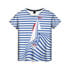 Женская футболка 3D с принтом Яхта в Тюмени, 100% полиэфир ( синтетическое хлопкоподобное полотно) | прямой крой, круглый вырез горловины, длина до линии бедер | flag | joke | prank | sail | sea | stripes | water | waves | yacht vest | вода | волны | море | парус | полосы | прикол | тельняшка | флаг | шутка | яхта