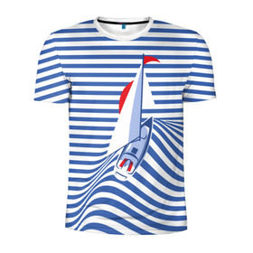 Мужская футболка 3D спортивная с принтом Яхта в Тюмени, 100% полиэстер с улучшенными характеристиками | приталенный силуэт, круглая горловина, широкие плечи, сужается к линии бедра | Тематика изображения на принте: flag | joke | prank | sail | sea | stripes | water | waves | yacht vest | вода | волны | море | парус | полосы | прикол | тельняшка | флаг | шутка | яхта