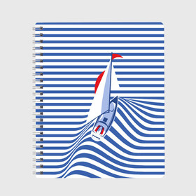 Тетрадь с принтом Яхта в Тюмени, 100% бумага | 48 листов, плотность листов — 60 г/м2, плотность картонной обложки — 250 г/м2. Листы скреплены сбоку удобной пружинной спиралью. Уголки страниц и обложки скругленные. Цвет линий — светло-серый
 | Тематика изображения на принте: flag | joke | prank | sail | sea | stripes | water | waves | yacht vest | вода | волны | море | парус | полосы | прикол | тельняшка | флаг | шутка | яхта
