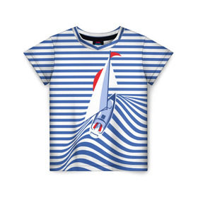 Детская футболка 3D с принтом Яхта в Тюмени, 100% гипоаллергенный полиэфир | прямой крой, круглый вырез горловины, длина до линии бедер, чуть спущенное плечо, ткань немного тянется | Тематика изображения на принте: flag | joke | prank | sail | sea | stripes | water | waves | yacht vest | вода | волны | море | парус | полосы | прикол | тельняшка | флаг | шутка | яхта