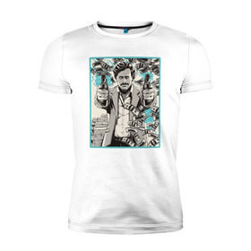 Мужская футболка премиум с принтом Пабло Эскобар в Тюмени, 92% хлопок, 8% лайкра | приталенный силуэт, круглый вырез ворота, длина до линии бедра, короткий рукав | Тематика изображения на принте: narco | доллары | оружие