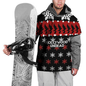 Накидка на куртку 3D с принтом Праздничный Hollywood Undead в Тюмени, 100% полиэстер |  | Тематика изображения на принте: charlie scene | danny | funny man | hollywood | j dog | johnny 3 tears | undead | андед | голивуд | голливудская | группа | знак | кранккор | красный | метал | надпись | нежить | новогодний | новый год | ню | праздник | реп | рождество