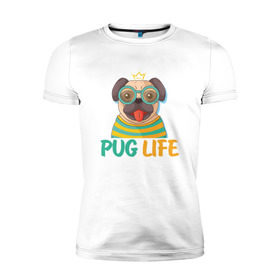 Мужская футболка премиум с принтом Mops king в Тюмени, 92% хлопок, 8% лайкра | приталенный силуэт, круглый вырез ворота, длина до линии бедра, короткий рукав | dog | king | mops | pug | король | корона | мопс | пес | песик | собака | собачка