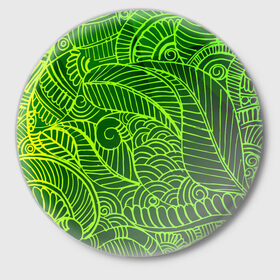 Значок с принтом зеленые узоры в Тюмени,  металл | круглая форма, металлическая застежка в виде булавки | green | абстракция | арт | восток | геометрия | зелень | индия | орнамент | роспись | узоры | цветы