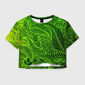 Женская футболка 3D укороченная с принтом зеленые узоры в Тюмени, 100% полиэстер | круглая горловина, длина футболки до линии талии, рукава с отворотами | green | абстракция | арт | восток | геометрия | зелень | индия | орнамент | роспись | узоры | цветы