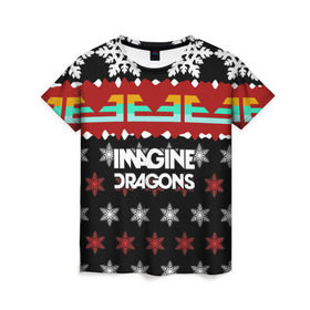 Женская футболка 3D с принтом Праздничный Imagine Dragons в Тюмени, 100% полиэфир ( синтетическое хлопкоподобное полотно) | прямой крой, круглый вырез горловины, длина до линии бедер | альтернативный | американская | группа | драгонс | имеджин | инди | индирок | новогодний | поп | рождество | рок | свитер | электроник