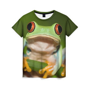 Женская футболка 3D с принтом Лягушка в Тюмени, 100% полиэфир ( синтетическое хлопкоподобное полотно) | прямой крой, круглый вырез горловины, длина до линии бедер | frog | жаба | животные | зеленый | ква | лягуха | лягушка | лягушонок