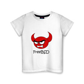 Детская футболка хлопок с принтом FreeBSD демон в Тюмени, 100% хлопок | круглый вырез горловины, полуприлегающий силуэт, длина до линии бедер | bsd | demon | freebsd | os | unix | демон | злой | ос | чёртик