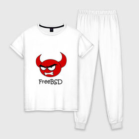 Женская пижама хлопок с принтом FreeBSD демон в Тюмени, 100% хлопок | брюки и футболка прямого кроя, без карманов, на брюках мягкая резинка на поясе и по низу штанин | bsd | demon | freebsd | os | unix | демон | злой | ос | чёртик