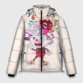 Мужская зимняя куртка 3D с принтом Чашкоголовый в Тюмени, верх — 100% полиэстер; подкладка — 100% полиэстер; утеплитель — 100% полиэстер | длина ниже бедра, свободный силуэт Оверсайз. Есть воротник-стойка, отстегивающийся капюшон и ветрозащитная планка. 

Боковые карманы с листочкой на кнопках и внутренний карман на молнии. | cuphead | run and gun | капхед | капхэд | чашка