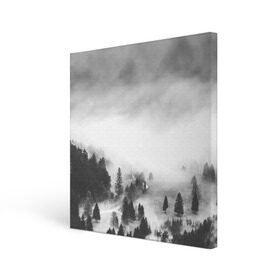Холст квадратный с принтом Туманный лес в Тюмени, 100% ПВХ |  | бор | деревья | дым | елки | лес | природа | туман | чб | черно белое