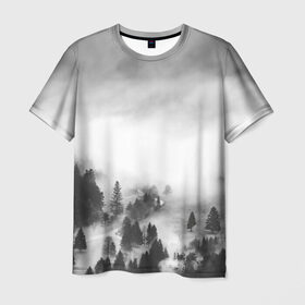 Мужская футболка 3D с принтом Туманный лес в Тюмени, 100% полиэфир | прямой крой, круглый вырез горловины, длина до линии бедер | Тематика изображения на принте: бор | деревья | дым | елки | лес | природа | туман | чб | черно белое