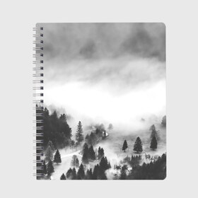 Тетрадь с принтом Туманный лес в Тюмени, 100% бумага | 48 листов, плотность листов — 60 г/м2, плотность картонной обложки — 250 г/м2. Листы скреплены сбоку удобной пружинной спиралью. Уголки страниц и обложки скругленные. Цвет линий — светло-серый
 | Тематика изображения на принте: бор | деревья | дым | елки | лес | природа | туман | чб | черно белое