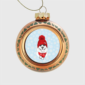 Стеклянный ёлочный шар с принтом Собачка в шапочке в Тюмени, Стекло | Диаметр: 80 мм | зима | новый год | подарок | рождество | собака