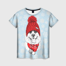Женская футболка 3D с принтом Собачка в шапочке в Тюмени, 100% полиэфир ( синтетическое хлопкоподобное полотно) | прямой крой, круглый вырез горловины, длина до линии бедер | зима | новый год | подарок | рождество | собака