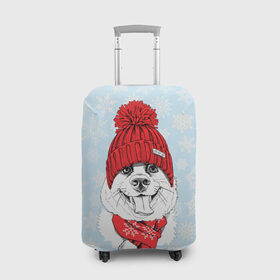 Чехол для чемодана 3D с принтом Собачка в шапочке в Тюмени, 86% полиэфир, 14% спандекс | двустороннее нанесение принта, прорези для ручек и колес | зима | новый год | подарок | рождество | собака