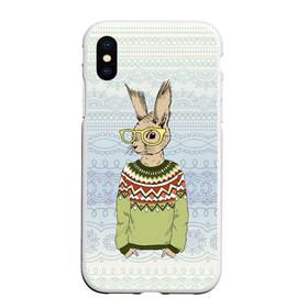 Чехол для iPhone XS Max матовый с принтом Кролик хипстер в Тюмени, Силикон | Область печати: задняя сторона чехла, без боковых панелей | зима | кролик | новый год | подарок | рождество