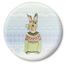 Значок с принтом Кролик хипстер в Тюмени,  металл | круглая форма, металлическая застежка в виде булавки | Тематика изображения на принте: зима | кролик | новый год | подарок | рождество