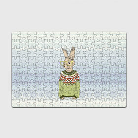 Пазл магнитный 126 элементов с принтом Кролик хипстер в Тюмени, полимерный материал с магнитным слоем | 126 деталей, размер изделия —  180*270 мм | Тематика изображения на принте: зима | кролик | новый год | подарок | рождество