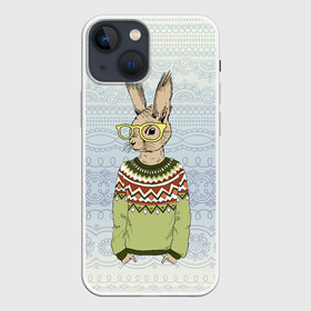 Чехол для iPhone 13 mini с принтом Кролик хипстер в Тюмени,  |  | Тематика изображения на принте: зима | кролик | новый год | подарок | рождество