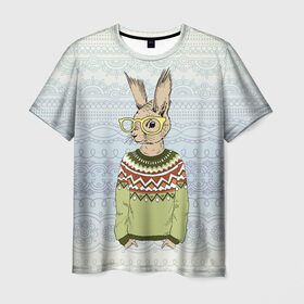Мужская футболка 3D с принтом Кролик хипстер в Тюмени, 100% полиэфир | прямой крой, круглый вырез горловины, длина до линии бедер | Тематика изображения на принте: зима | кролик | новый год | подарок | рождество