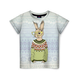 Детская футболка 3D с принтом Кролик хипстер в Тюмени, 100% гипоаллергенный полиэфир | прямой крой, круглый вырез горловины, длина до линии бедер, чуть спущенное плечо, ткань немного тянется | зима | кролик | новый год | подарок | рождество