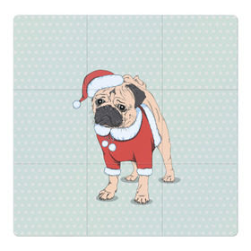 Магнитный плакат 3Х3 с принтом Мопс Санта Клаус в Тюмени, Полимерный материал с магнитным слоем | 9 деталей размером 9*9 см | Тематика изображения на принте: зима | новый год | подарок | рождество