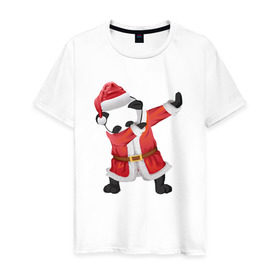 Мужская футболка хлопок с принтом Панда Санта-Клаус в Тюмени, 100% хлопок | прямой крой, круглый вырез горловины, длина до линии бедер, слегка спущенное плечо. | Тематика изображения на принте: зима | новый год | панда | подарок | рождество