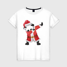 Женская футболка хлопок с принтом Панда Санта-Клаус в Тюмени, 100% хлопок | прямой крой, круглый вырез горловины, длина до линии бедер, слегка спущенное плечо | Тематика изображения на принте: зима | новый год | панда | подарок | рождество