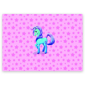 Поздравительная открытка с принтом Единорог в Тюмени, 100% бумага | плотность бумаги 280 г/м2, матовая, на обратной стороне линовка и место для марки
 | dream | pink | poni | pony | unicorn | единорог | звездочки | звезды | пони | розовый