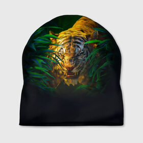 Шапка 3D с принтом Тигр в джунглях в Тюмени, 100% полиэстер | универсальный размер, печать по всей поверхности изделия | 