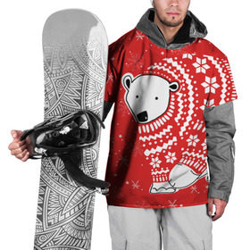 Накидка на куртку 3D с принтом Белый медведь в свитере в Тюмени, 100% полиэстер |  | red | snow | snowflakes | stars | sweater | white bear | winter | белый медведь | звезды | зима | красный | снег | снежинки