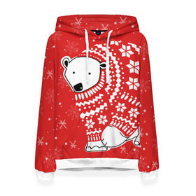 Женская толстовка 3D с принтом Белый медведь в свитере в Тюмени, 100% полиэстер  | двухслойный капюшон со шнурком для регулировки, мягкие манжеты на рукавах и по низу толстовки, спереди карман-кенгуру с мягким внутренним слоем. | red | snow | snowflakes | stars | sweater | white bear | winter | белый медведь | звезды | зима | красный | снег | снежинки