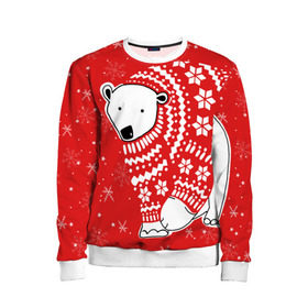Детский свитшот 3D с принтом Белый медведь в свитере в Тюмени, 100% полиэстер | свободная посадка, прямой крой, мягкая тканевая резинка на рукавах и понизу свитшота | red | snow | snowflakes | stars | sweater | white bear | winter | белый медведь | звезды | зима | красный | снег | снежинки