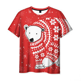Мужская футболка 3D с принтом Белый медведь в свитере в Тюмени, 100% полиэфир | прямой крой, круглый вырез горловины, длина до линии бедер | red | snow | snowflakes | stars | sweater | white bear | winter | белый медведь | звезды | зима | красный | снег | снежинки