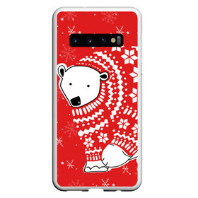 Чехол для Samsung Galaxy S10 с принтом Белый медведь в свитере в Тюмени, Силикон | Область печати: задняя сторона чехла, без боковых панелей | red | snow | snowflakes | stars | sweater | white bear | winter | белый медведь | звезды | зима | красный | снег | снежинки