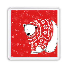 Магнит 55*55 с принтом Белый медведь в свитере в Тюмени, Пластик | Размер: 65*65 мм; Размер печати: 55*55 мм | Тематика изображения на принте: red | snow | snowflakes | stars | sweater | white bear | winter | белый медведь | звезды | зима | красный | снег | снежинки