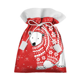 Подарочный 3D мешок с принтом Белый медведь в свитере в Тюмени, 100% полиэстер | Размер: 29*39 см | Тематика изображения на принте: red | snow | snowflakes | stars | sweater | white bear | winter | белый медведь | звезды | зима | красный | снег | снежинки